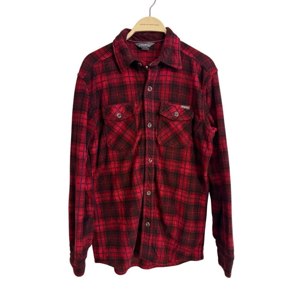 Eddie Bauer Plaid Red Black Fleece Button Down Long sleeves Collared Shirt